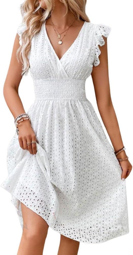 Rochie midi Adeline pentru femei vară – rochie cu broderie englezească, decolteu în V, mâneci cu volane și talie smock