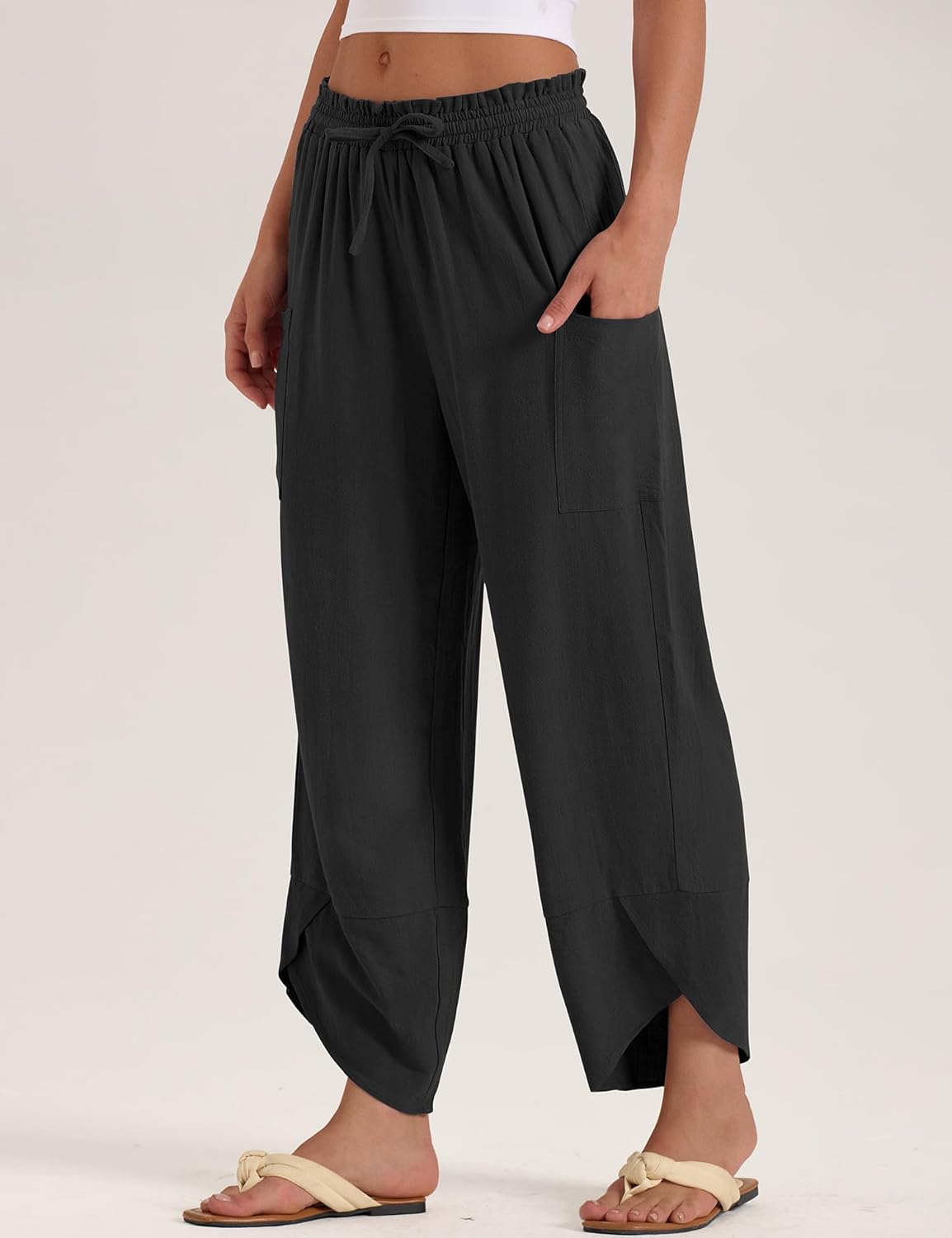 Jade Pantaloni damă – Capri Palazzo din in, stil boem, largi, talie elastică și buzunare