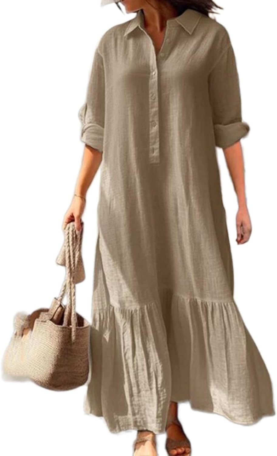Élina Abito Lungo Donna in Cotone e Lino – Camicia Ampia con Orlo Asimmetrico