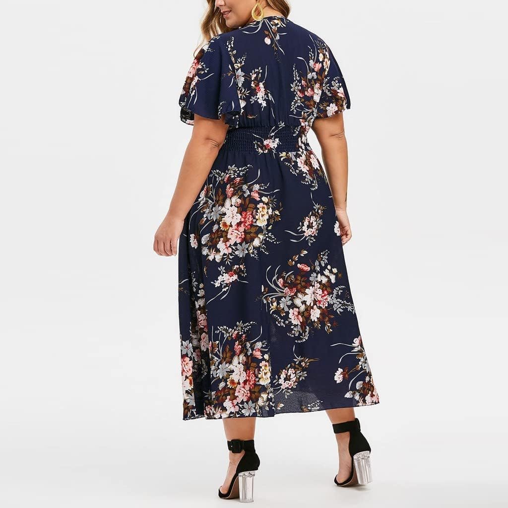 Rochie damă Élise – Rochie midi cu flori, de vară, elegantă, cu decolteu în V, croială în A, din in și bumbac fluid