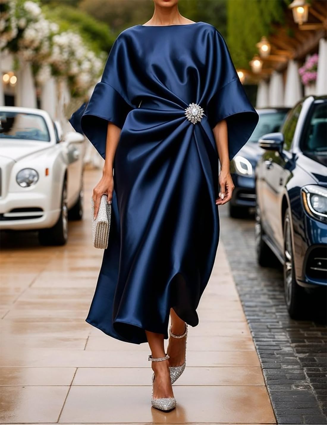 Vestito lungo in raso Victoria da donna – vestito elegante con maniche a pipistrello e vita plissettata