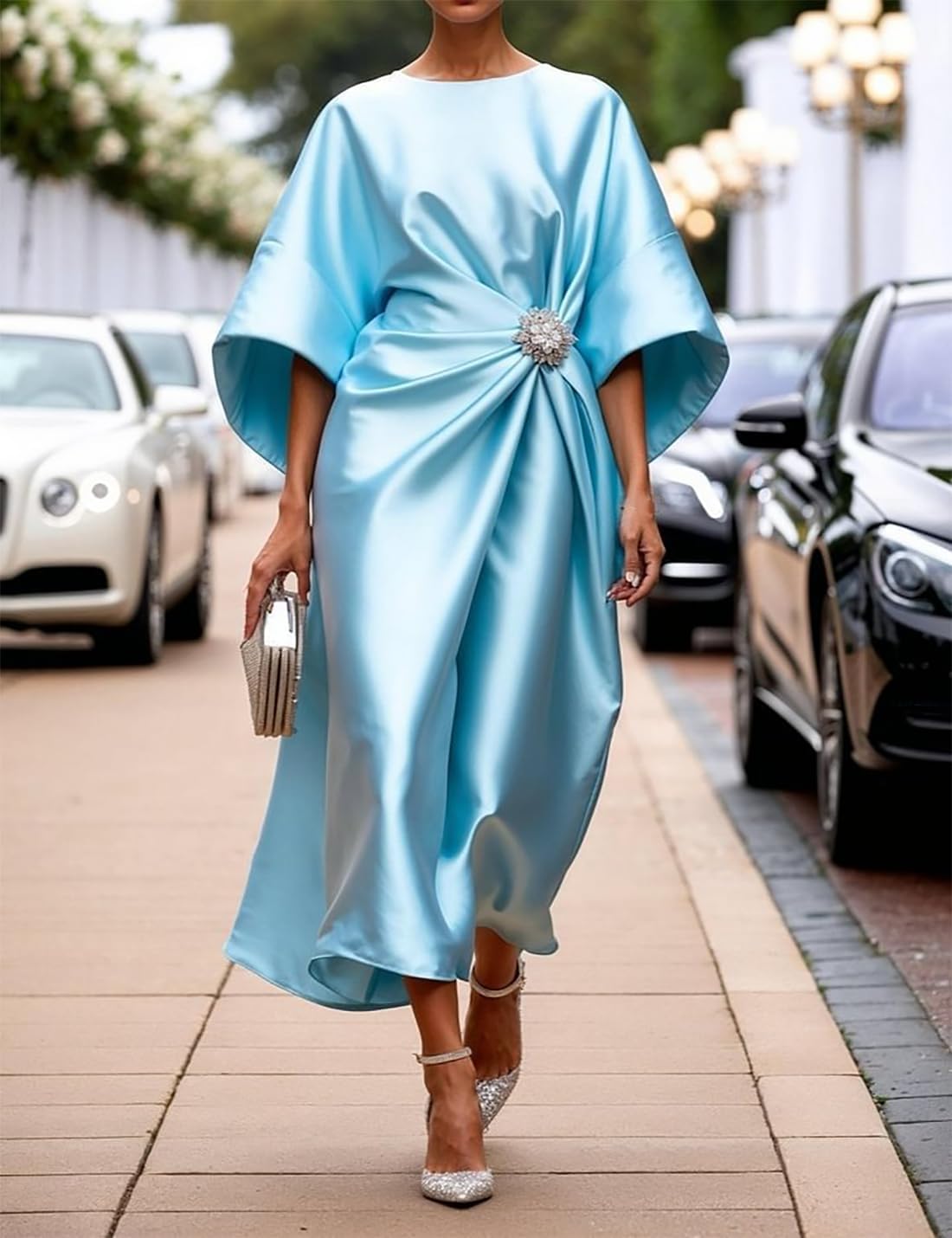 Vestito lungo in raso Victoria da donna – vestito elegante con maniche a pipistrello e vita plissettata