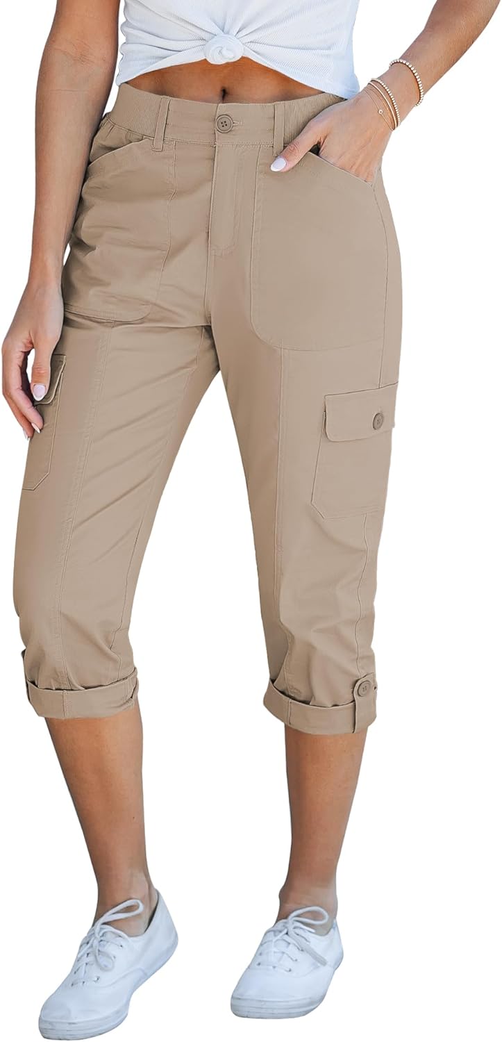 Laurice Pantaloni damă cargo capri – talie înaltă elastică, cu multiple buzunare, casual