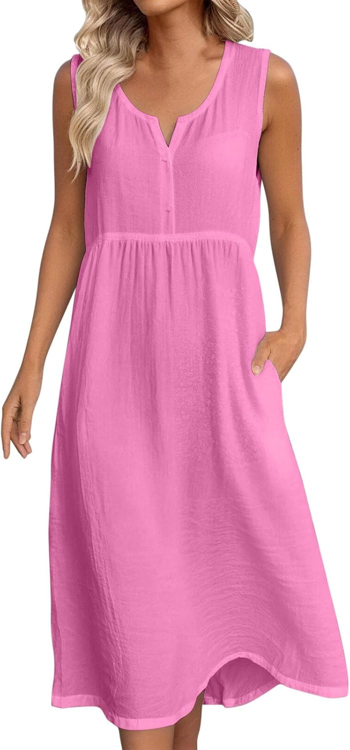 Rochie Anna Femme – Rochie midi din in cu decolteu în V, fără mâneci, cu buzunare, croială fluidă, vară