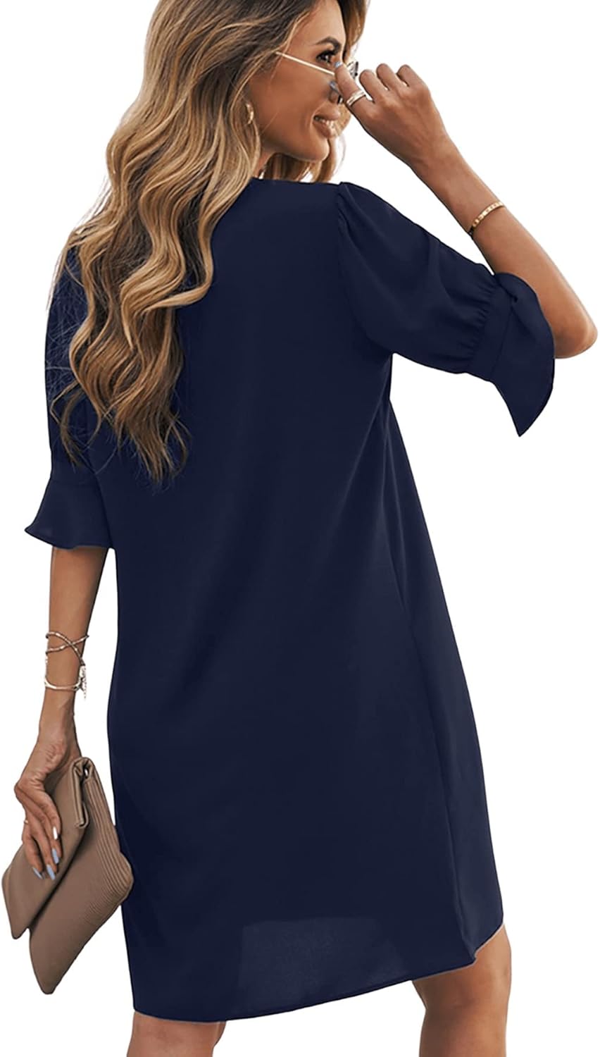Rochie de vară Emily pentru femei – Rochie elegantă cu decolteu în V, croială lejeră, mâneci trei sferturi