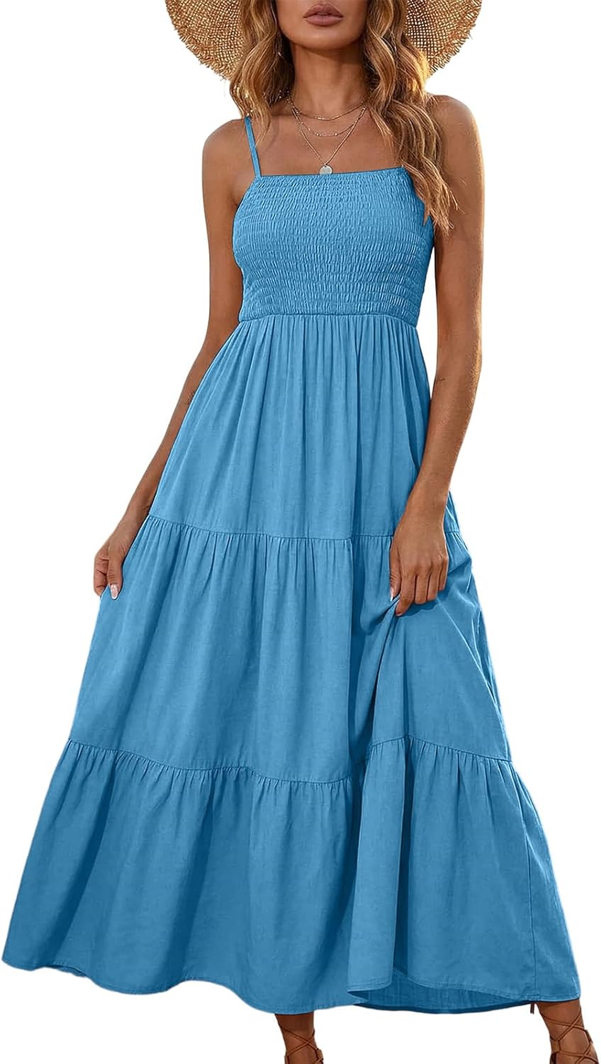 Rochie Léa pentru femei – Rochie maxi boemă cu decolteu pătrat, smock și volane fluide de vară