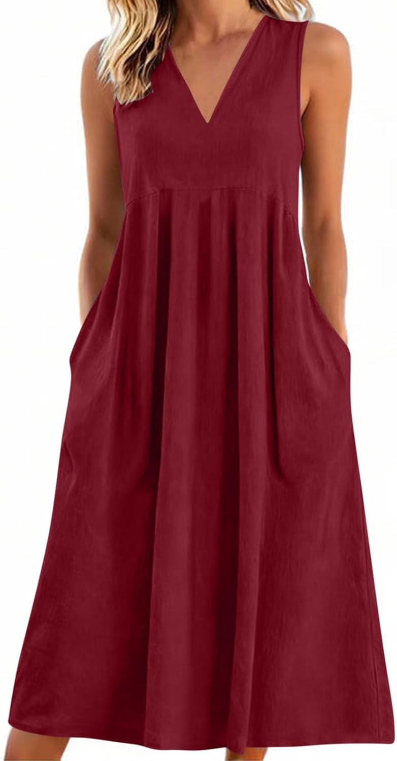 Rochie Lina pentru femei – Rochie maxi din in, de vară, cu decolteu în V, fără mâneci, cu buzunare, fluidă