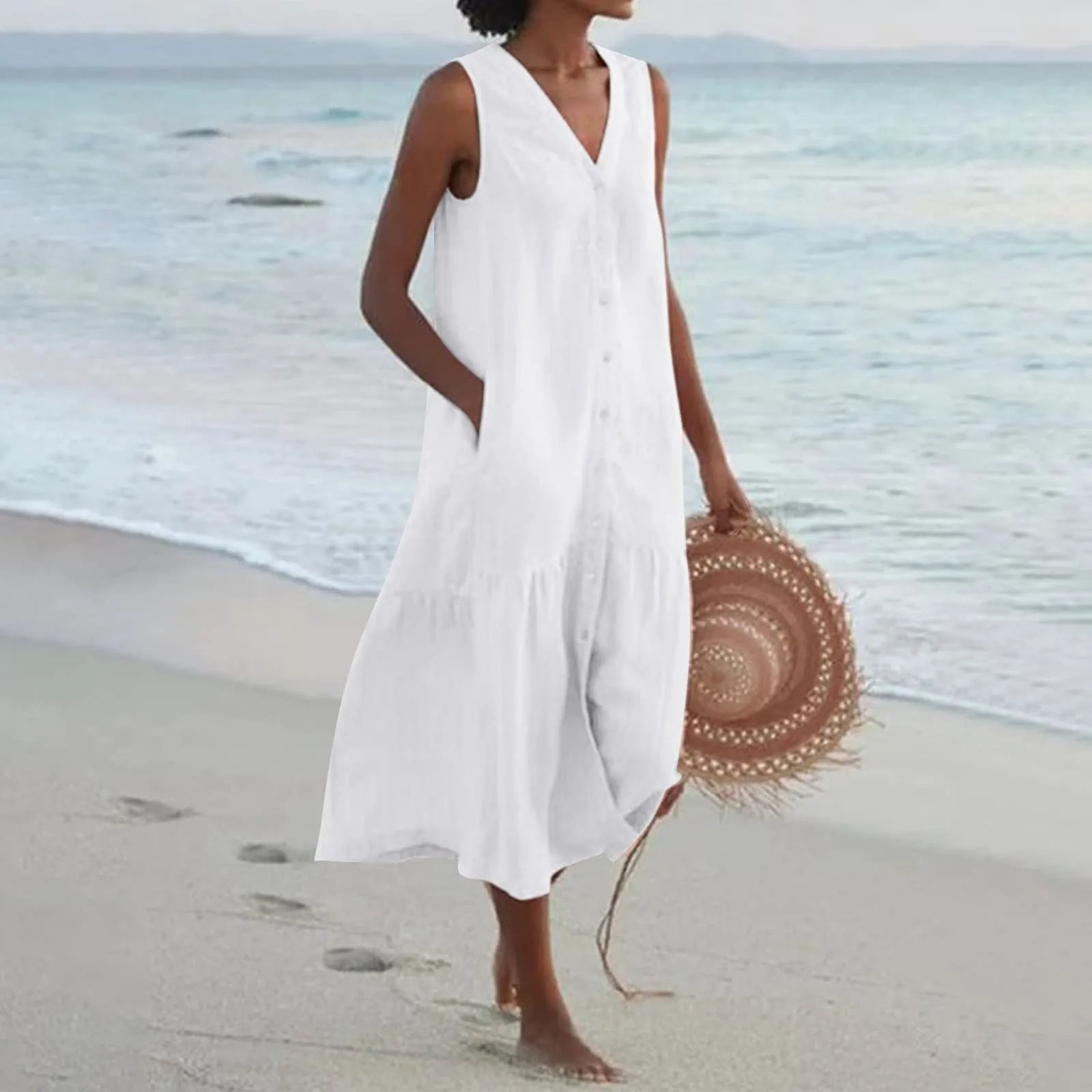 Robe d’Été Femme Lena – Élégante Robe à Col en V avec Coupe Aérée & Design Intemporel