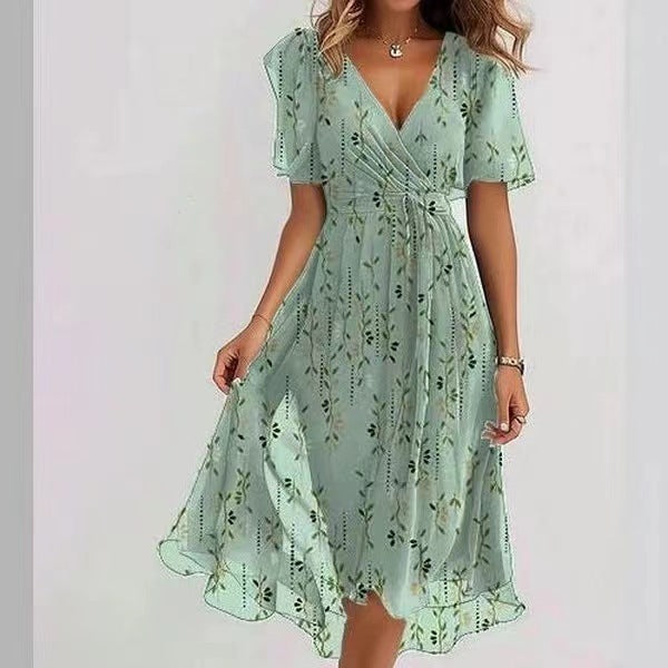 Emily Robe Midi Femme – Robe Légère en Chiffon avec Imprimé Fleuri, Décolleté en V & Taille Cintrée