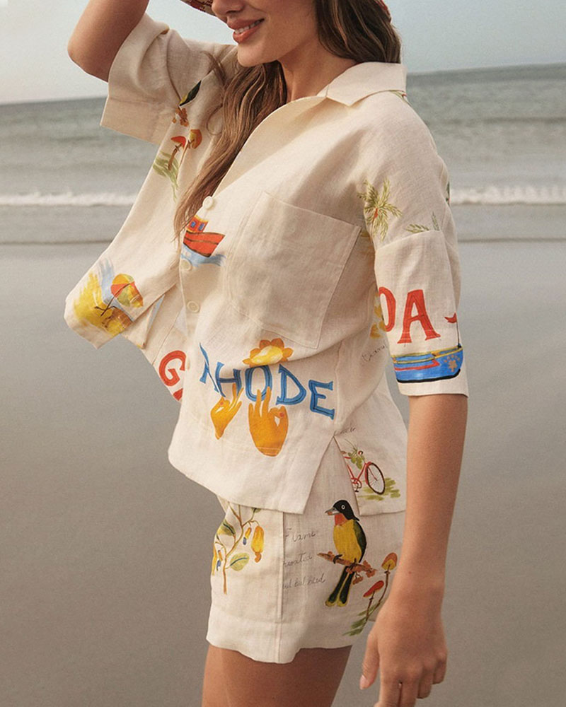 Conjunto Stella em Linho Mulher – Coordenação Estival com Estampa Tropical, Camisa Leve & Calção Confortável