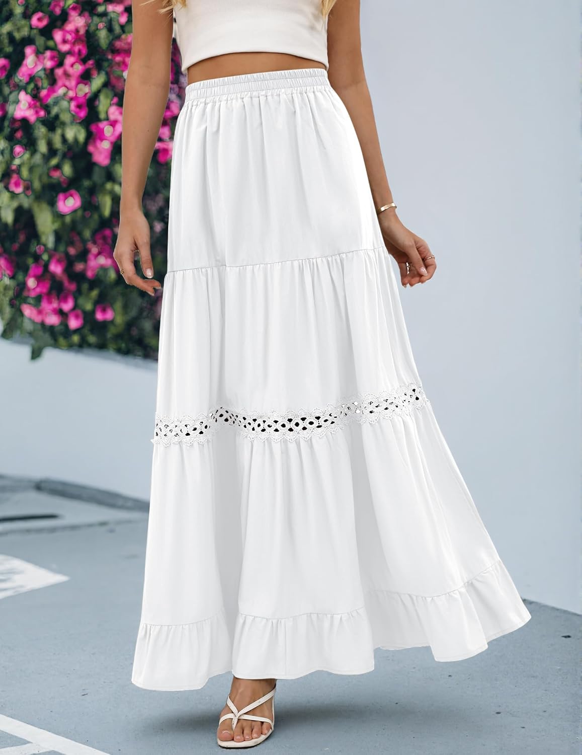 Saia Edith Jupe Maxi Feminina – Saia Boémia de Algodão, Renda de Croché e Folhos