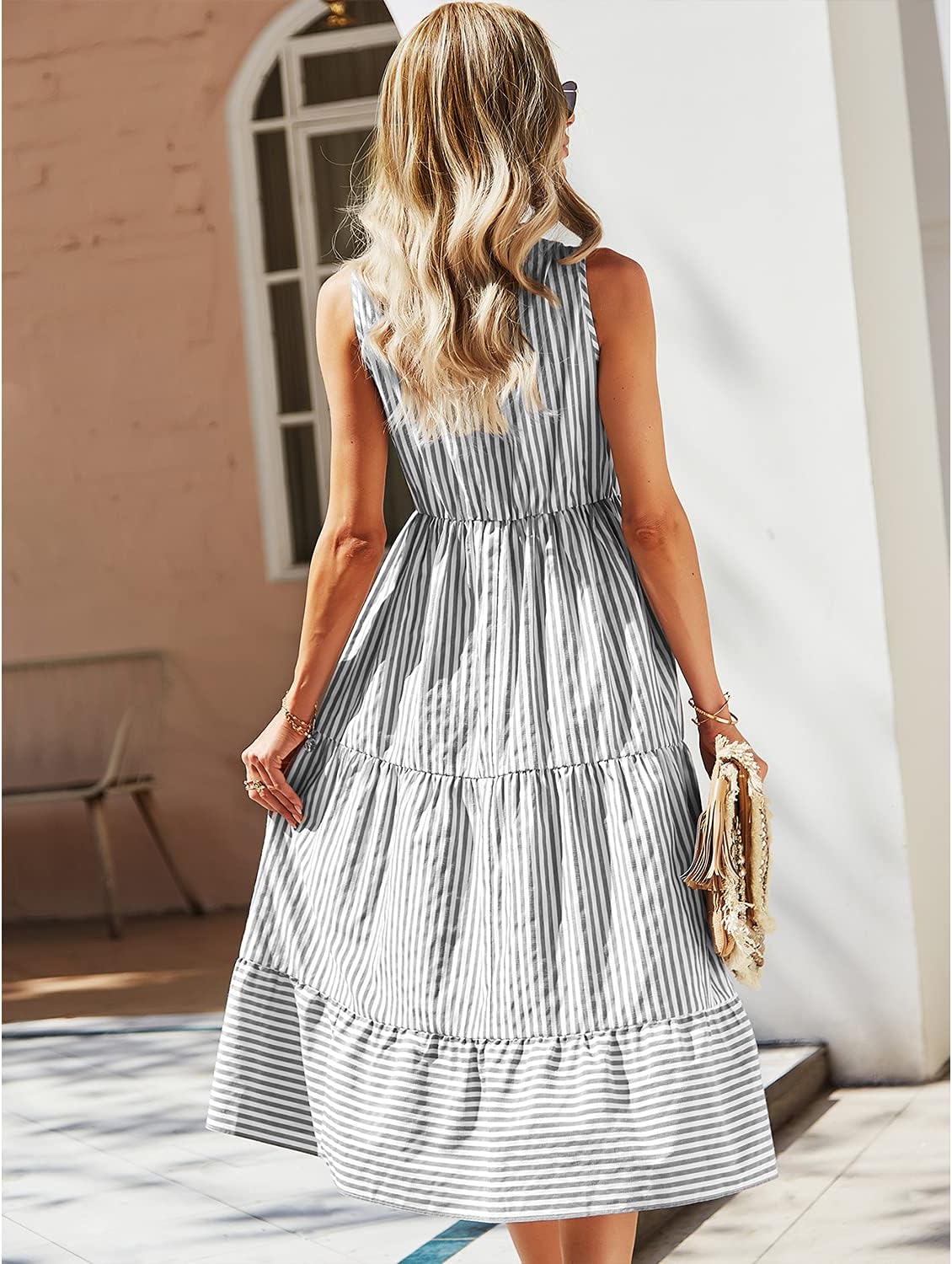 Rochie cămașă midi pentru femei Claire – Rochie elegantă fără mâneci, cu dungi, guler în V și nasturi