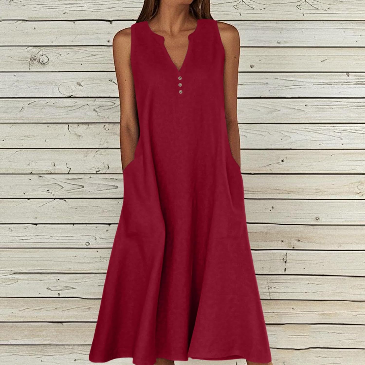 Rochie Camille pentru femei – Rochie maxi din in, de vară, cu decolteu în V, fără mâneci, cu nasturi și buzunare