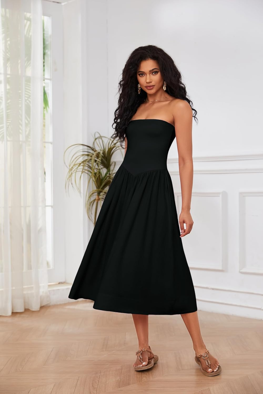 Rochie Midi Lina pentru Femei – Rochie Bustieră fără Mâneci cu Talie Joasă, Croială A-Line, Vară Chic