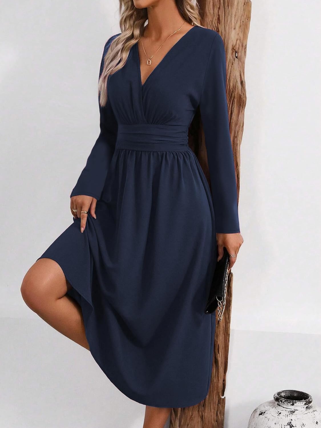Rochie maxi Isabelle pentru femei – Rochie elegantă cu decolteu în V, tip cache-cœur, cu mâneci lungi