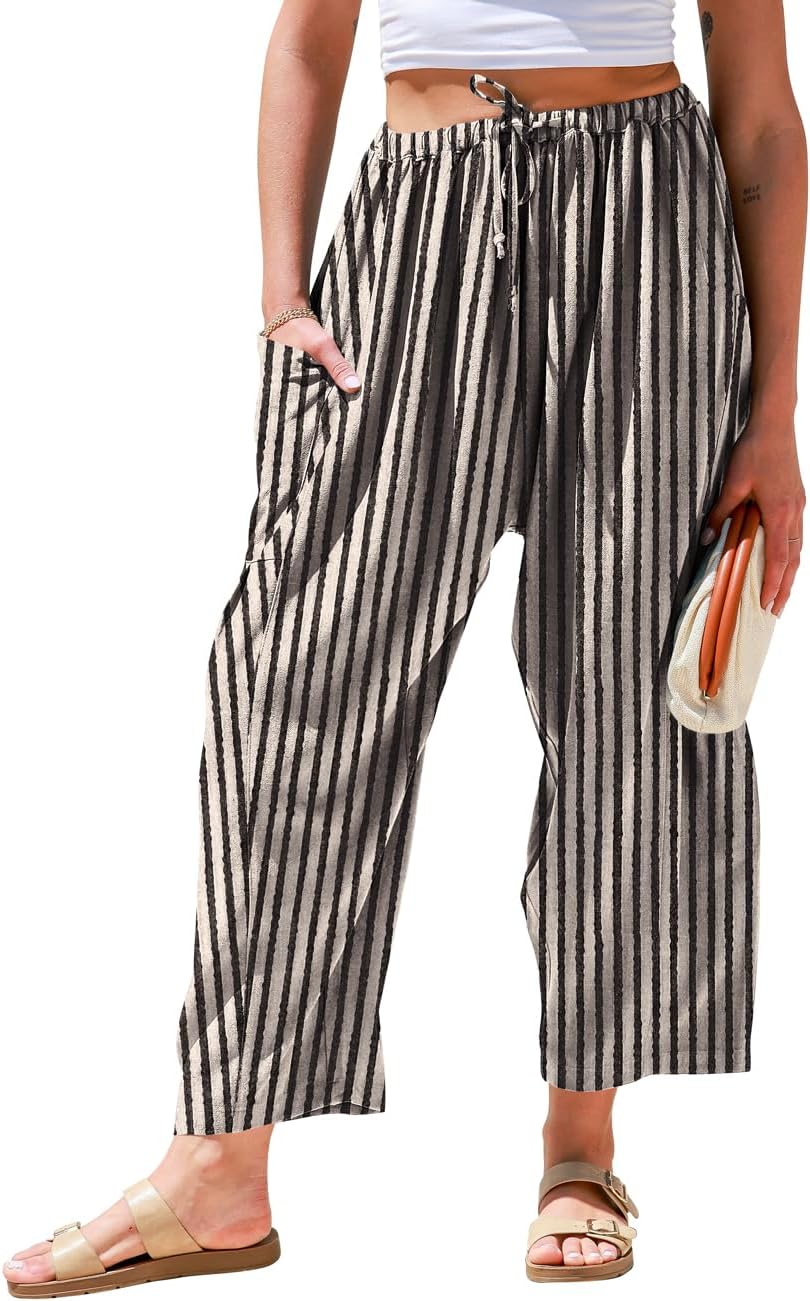Aliyah Pantalon damă – Palazzo din in, larg, oversize, talie cu șnur și buzunare