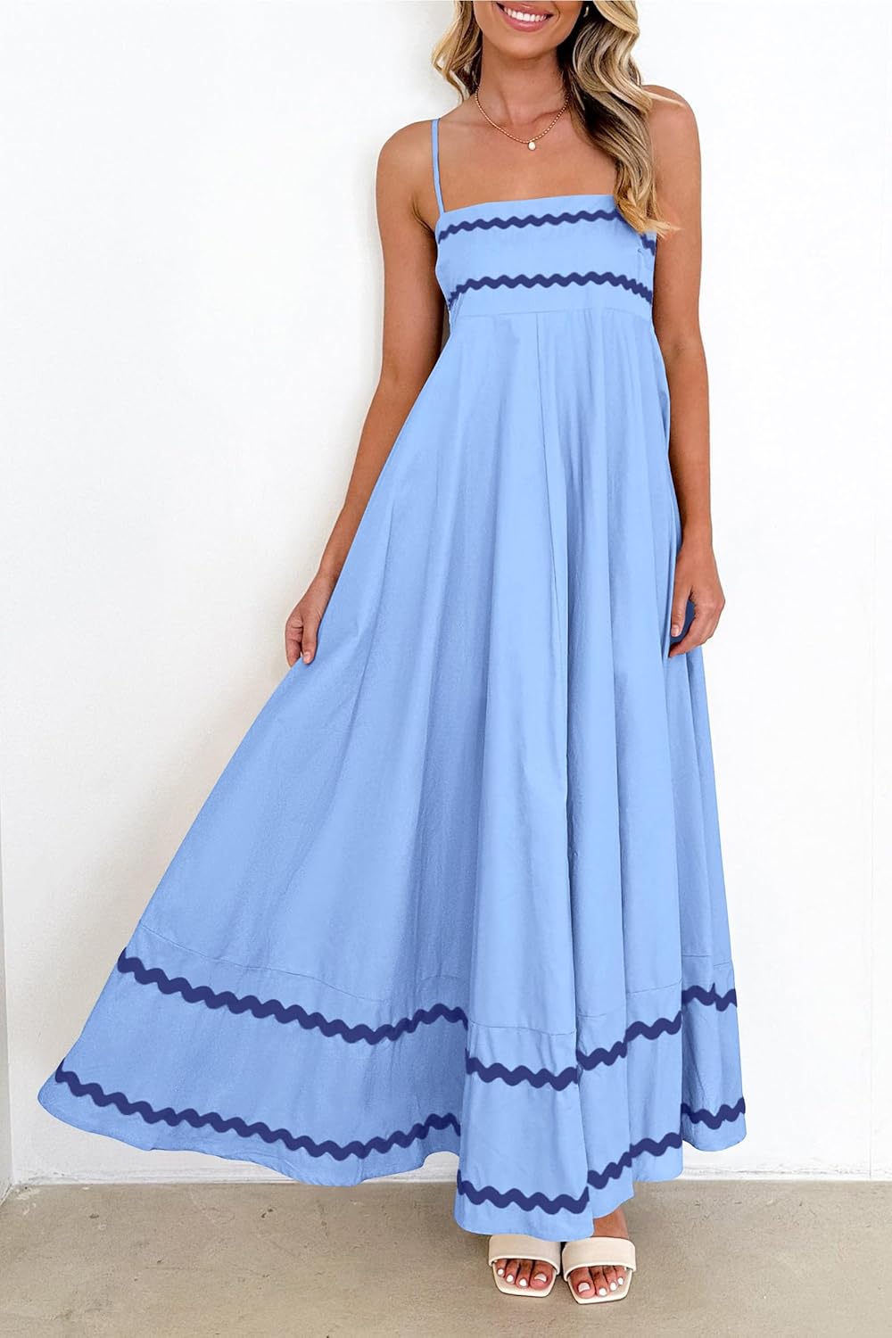 Luan Robe Maxi Femme Été – Robe Longue Bretelles Fines Col Carré, Volants & Coupe Fluide