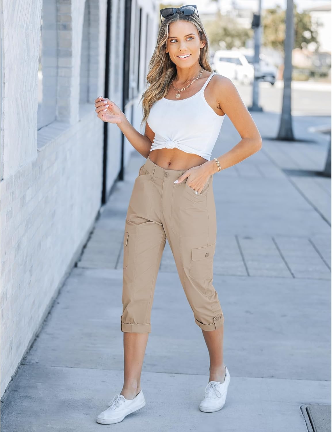 Laurice Pantaloni damă cargo capri – talie înaltă elastică, cu multiple buzunare, casual