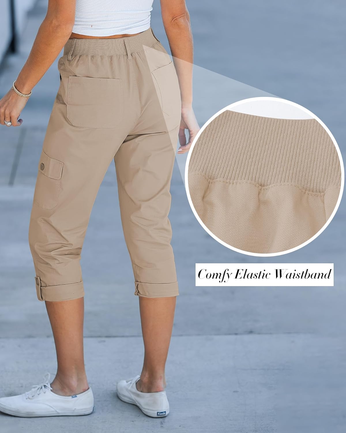 Laurice Pantaloni damă cargo capri – talie înaltă elastică, cu multiple buzunare, casual