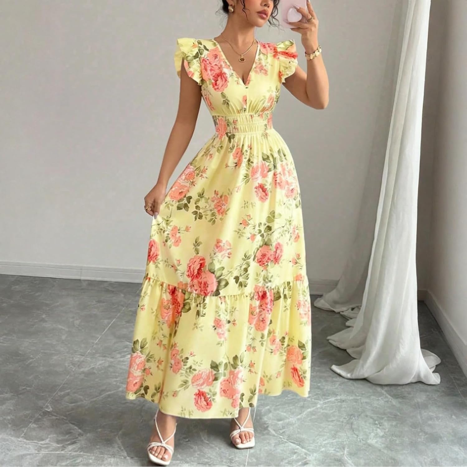 Camille Robe Femme – Robe Maxi Fleurie Col V Manches Volants Taille Smockée Été