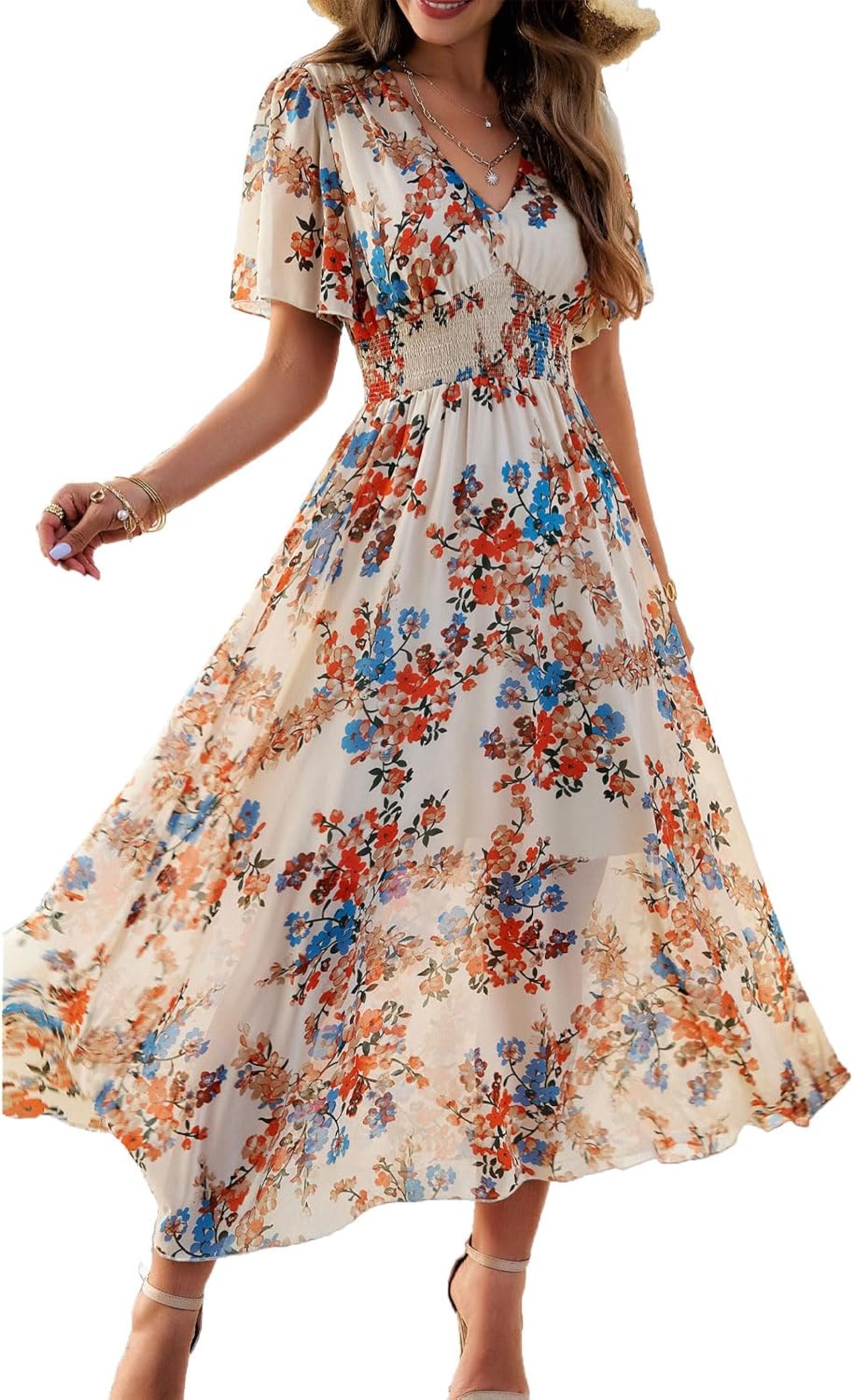 Rochie de damă Dianne cu flori – decolteu în V, mâneci scurte, croială fluidă, casual de vară