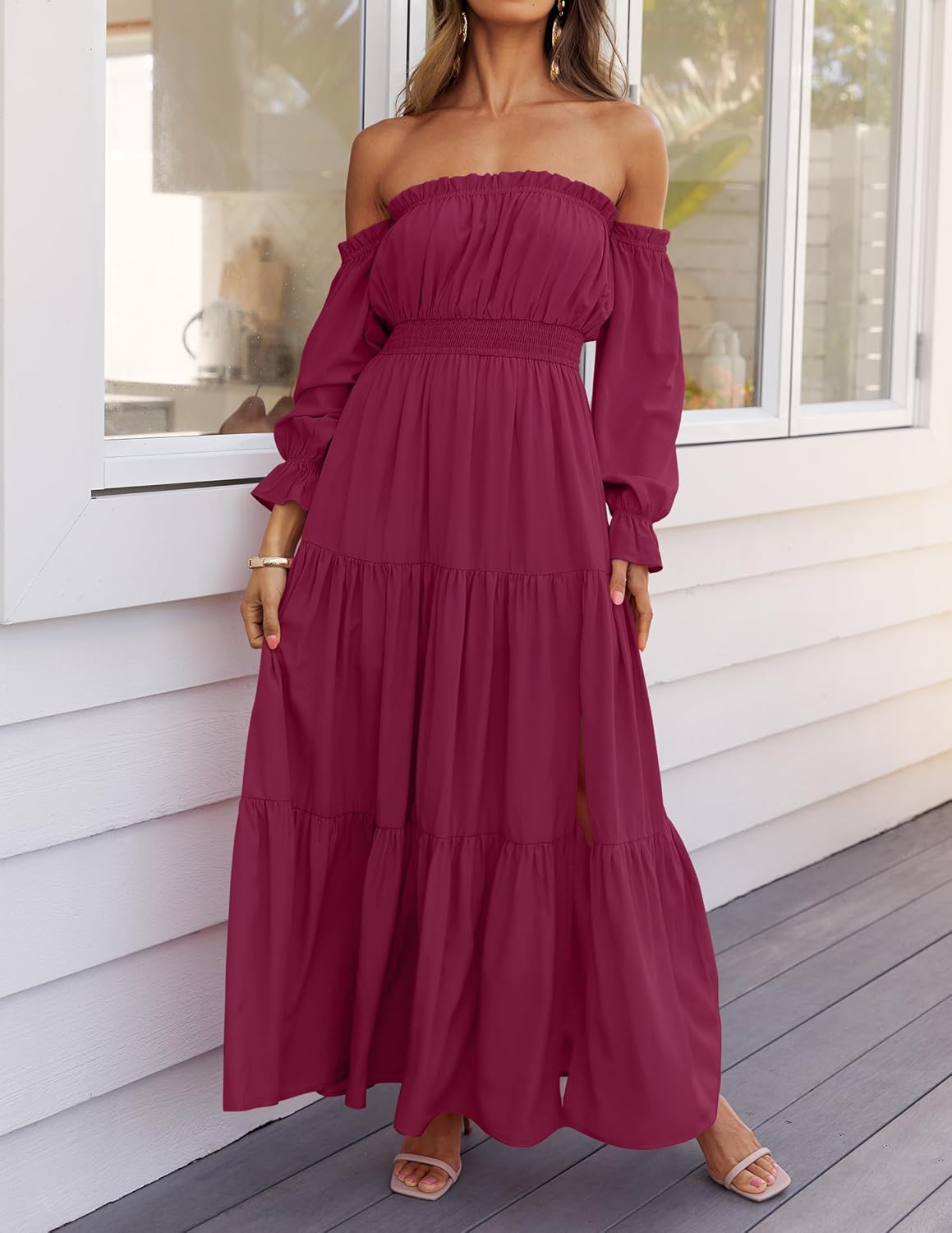 Sophie Vestito Maxi Donna – Vestito Bohemien Spalle Scoperte Spacco Vita Arricciata