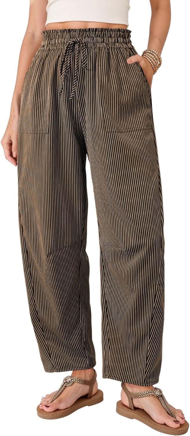 Pantaloni Inès pentru femei – Pantaloni Barrel drepți cu talie înaltă și șnur, pentru vară