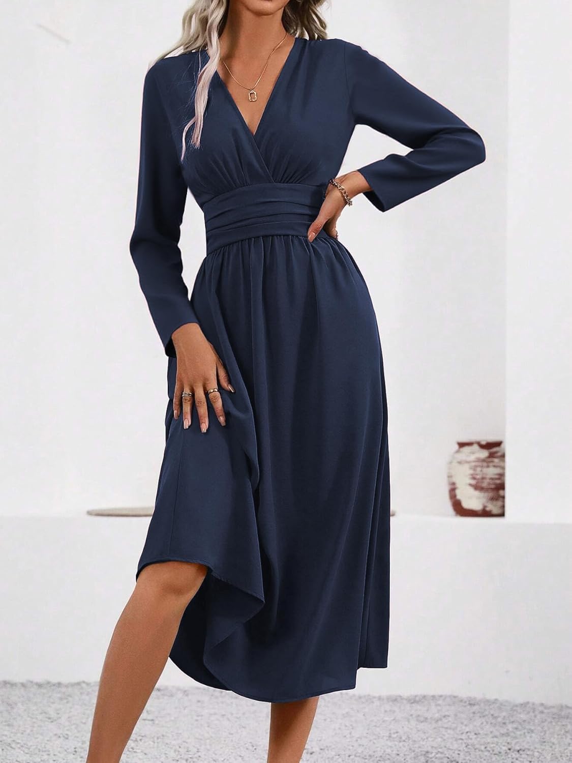 Rochie maxi Isabelle pentru femei – Rochie elegantă cu decolteu în V, tip cache-cœur, cu mâneci lungi