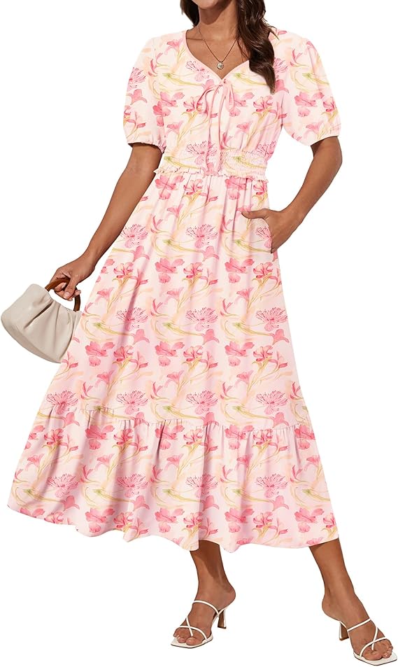Tasha Robe Midi Femme – Col V, Taille Smockée & Coupe A-Line Élégante Été