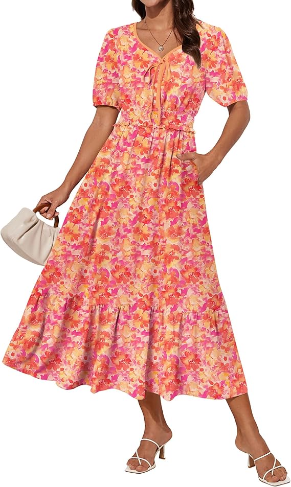 Tasha Robe Midi Femme – Col V, Taille Smockée & Coupe A-Line Élégante Été