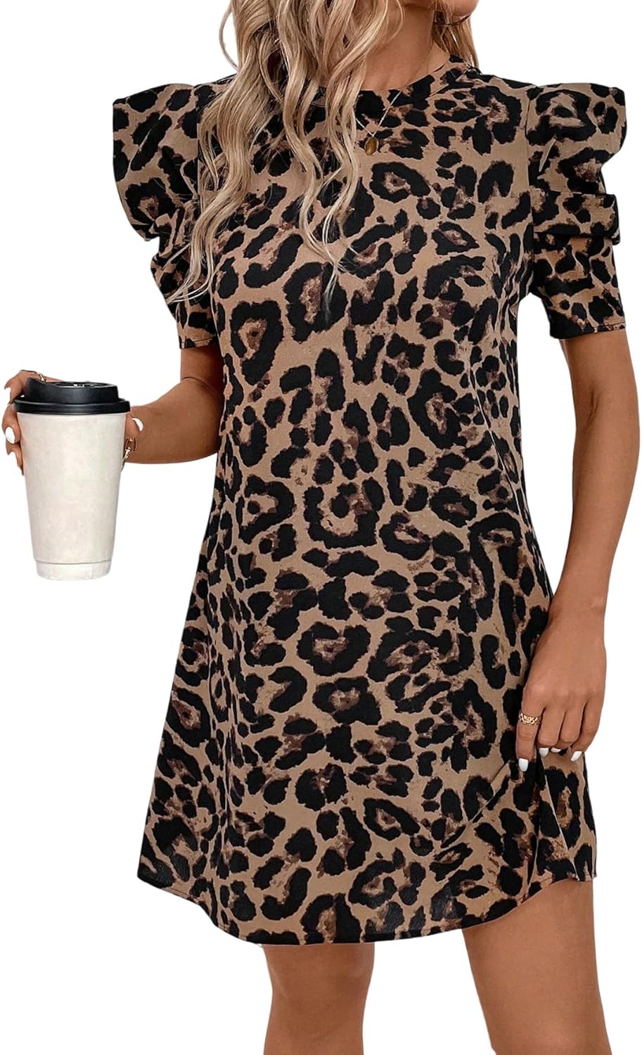Rochie Mini Nina pentru Femei – Rochie Leopard cu Mâneci Bufante Elegantă de Vară Chic