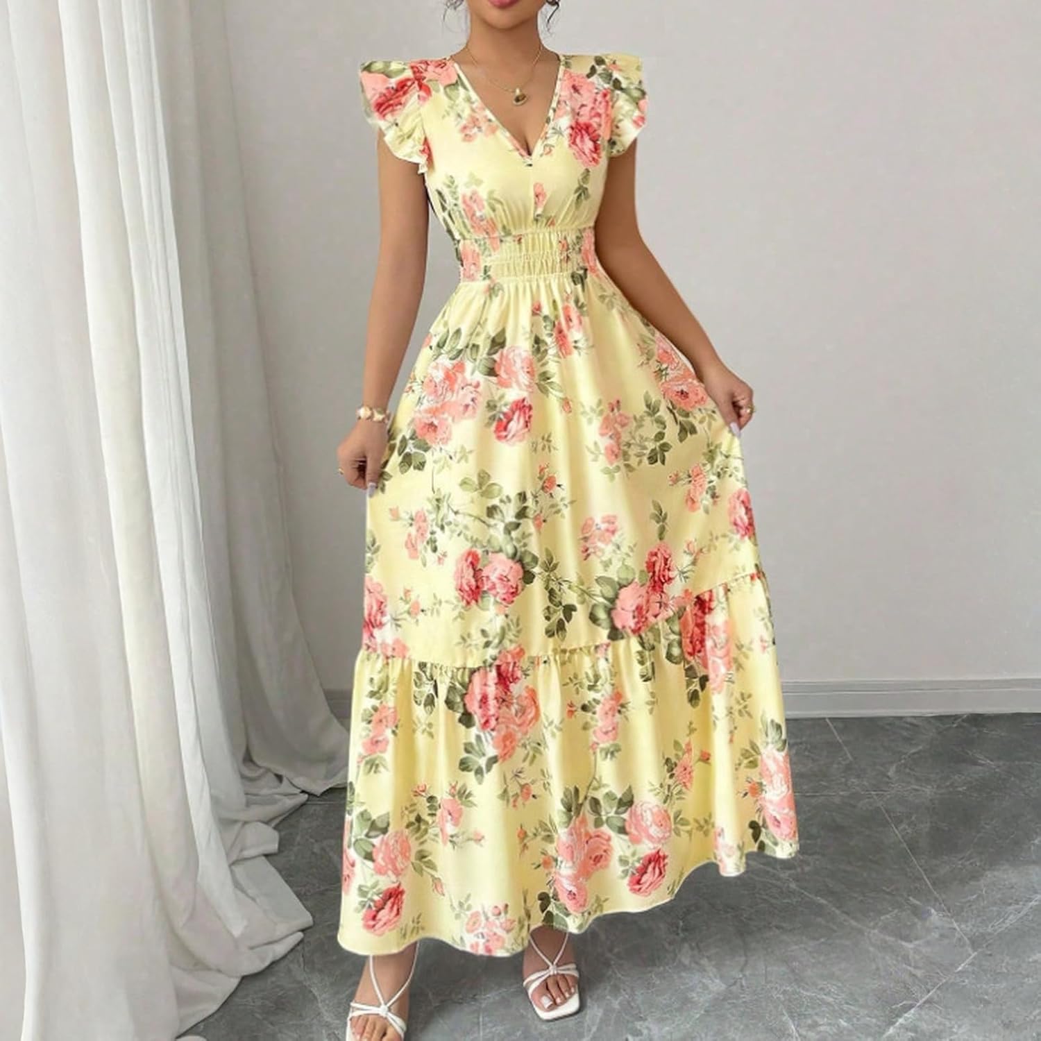 Camille Robe Femme – Robe Maxi Fleurie Col V Manches Volants Taille Smockée Été