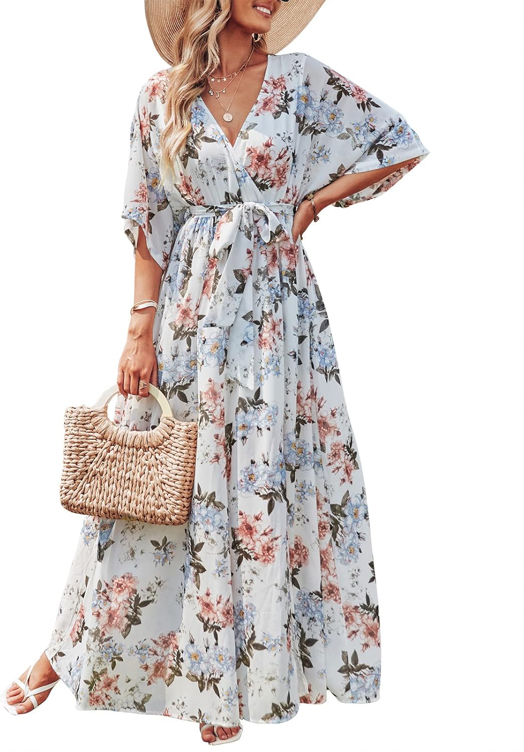 Vestito Maxi Rodelyn Donna – Scollo a V Incrociato, Maniche 3/4 Kimono e Spacco Elegante Bohemien