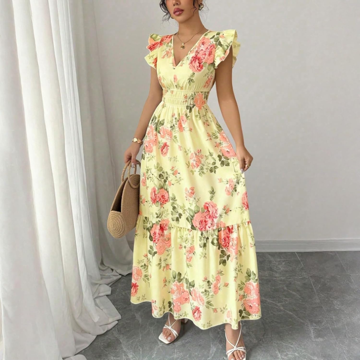 Camille Robe Femme – Robe Maxi Fleurie Col V Manches Volants Taille Smockée Été