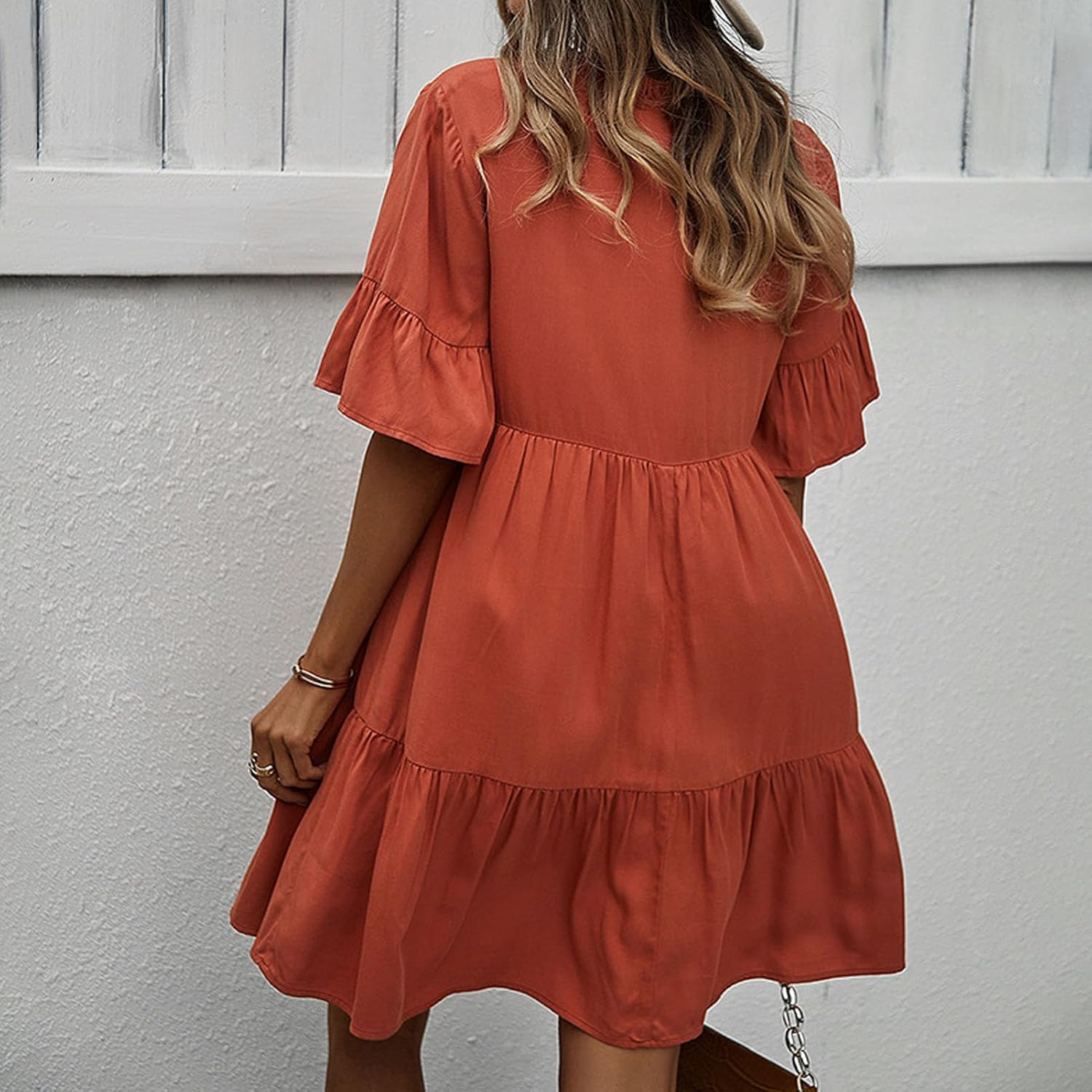 Rochie Emma pentru femei – Rochie A-Line cu decolteu în V, volane, mâneci scurte, elegantă, de vară
