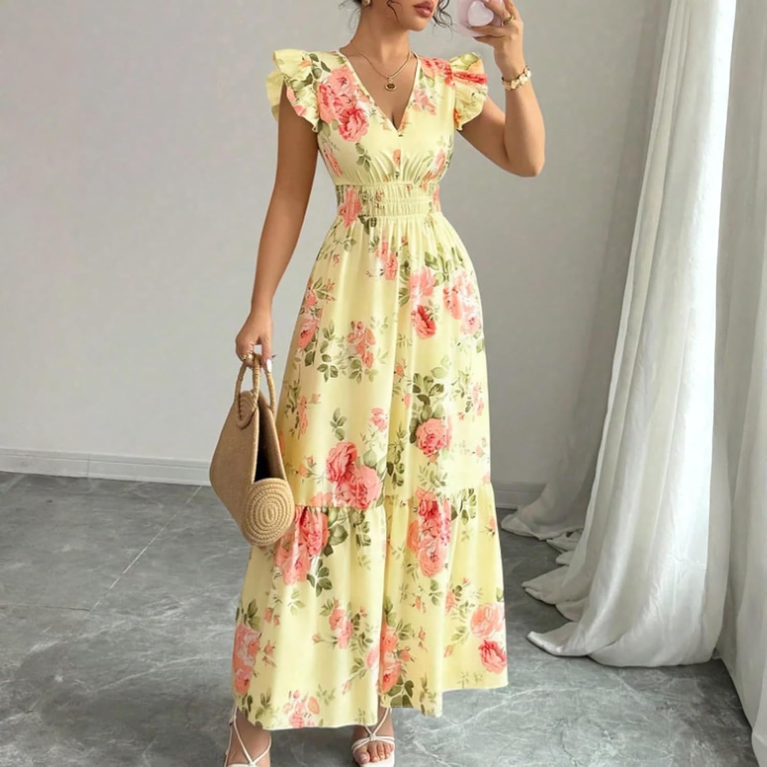 Camille Robe Femme – Robe Maxi Fleurie Col V Manches Volants Taille Smockée Été