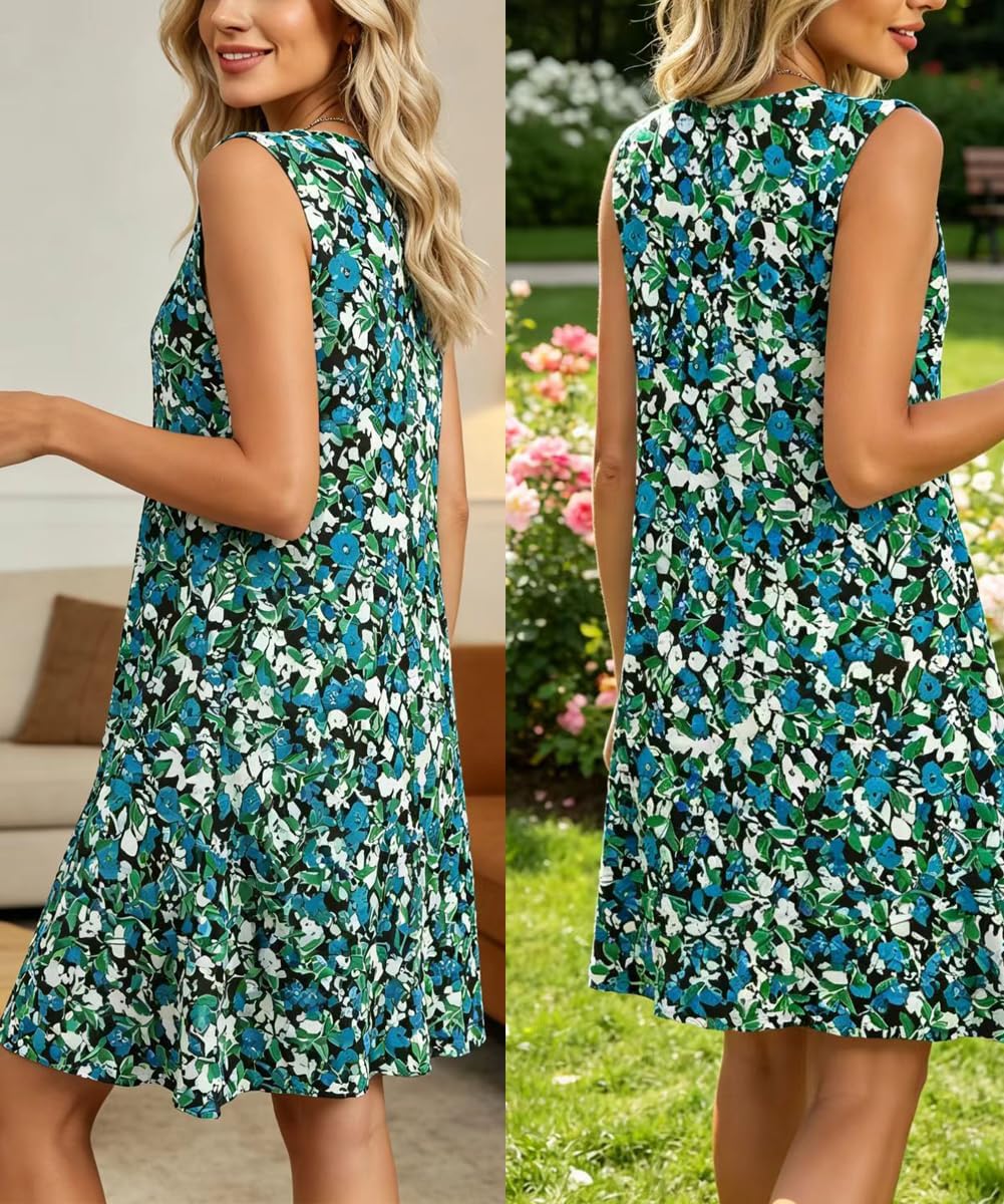 Rochie Midi Elise pentru Femei – Rochie Florală fără Mâneci cu Guler Rotund și Buzunare pentru Vară