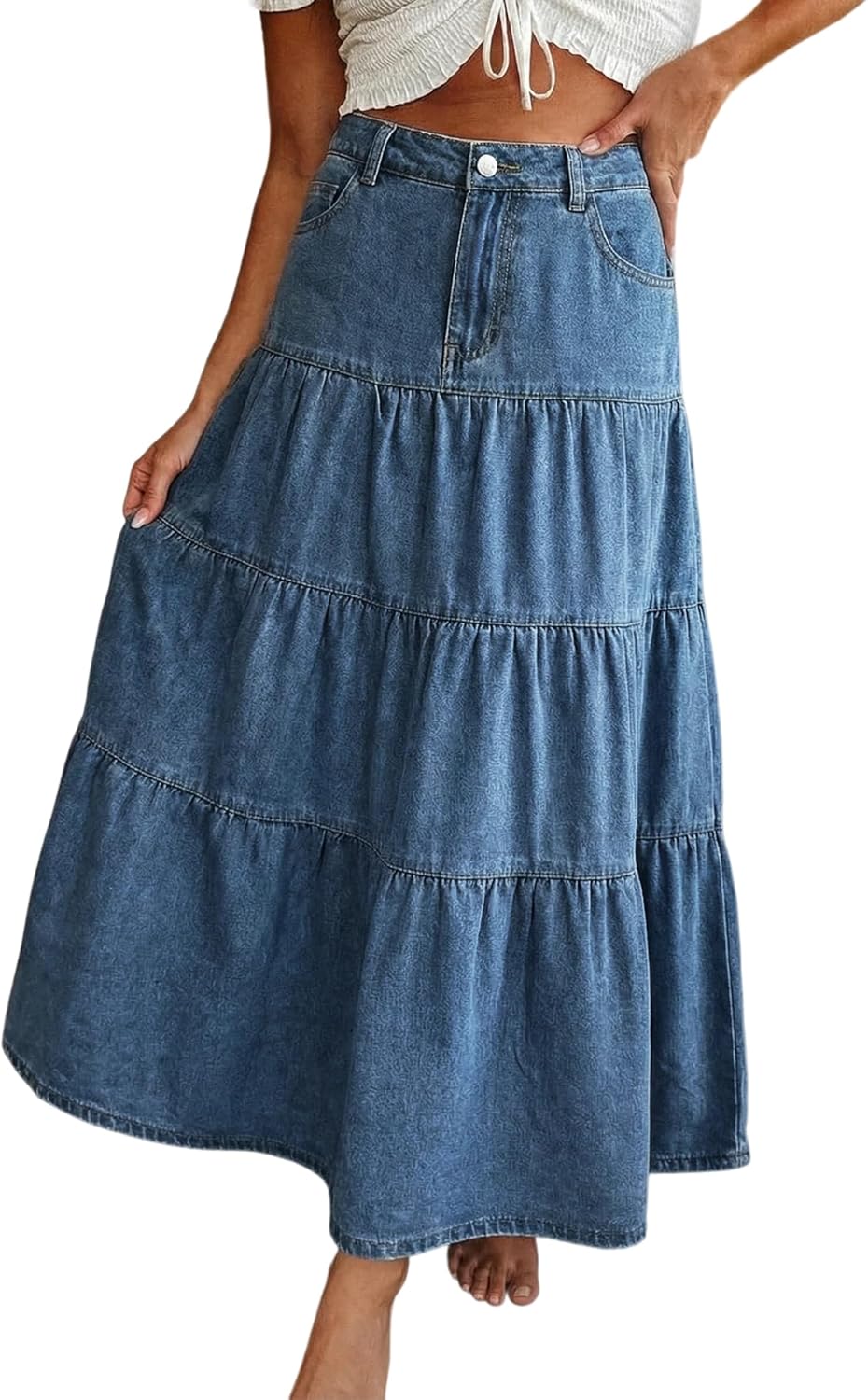Saia Jeans Verna para Mulher – Saia Maxi de Ganga de Cintura Alta, Folhos e Bolsos