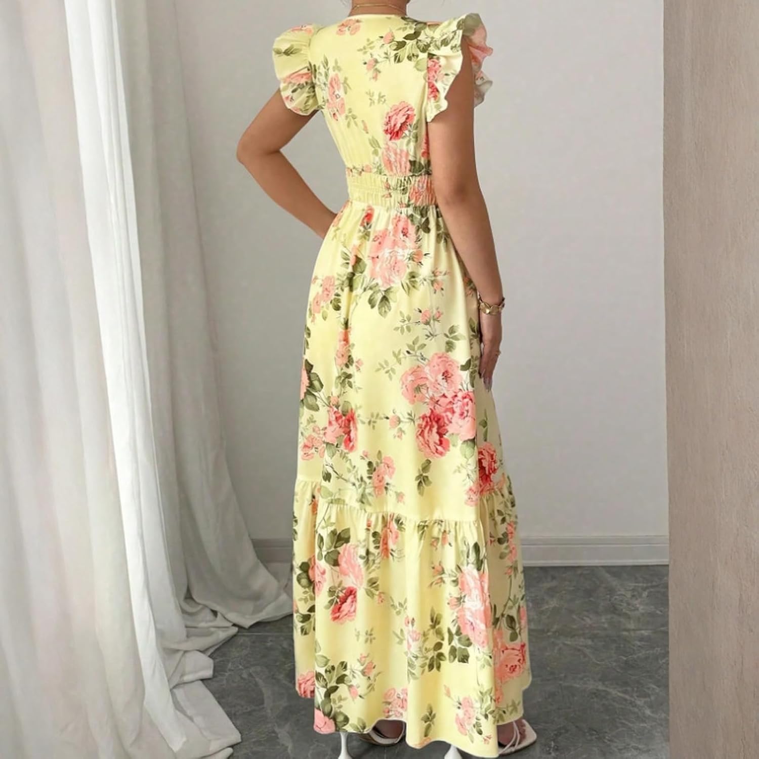 Camille Robe Femme – Robe Maxi Fleurie Col V Manches Volants Taille Smockée Été