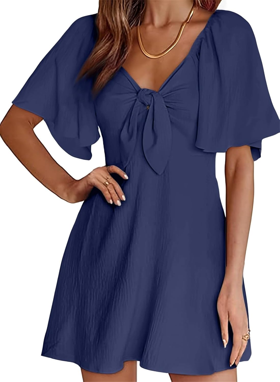 Chloé Rochie Damă – Rochie Mini cu Guler în V, Nod, Talie Înaltă, Volane Elegante de Vară