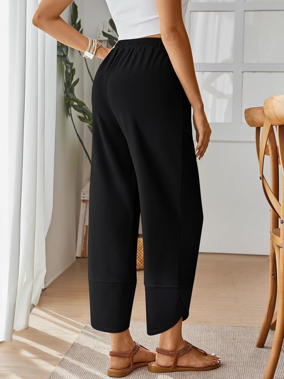 Quenn Pantalon Damă – Pantalon Larg Bumbac Talie Elastică & Buzunare Vară