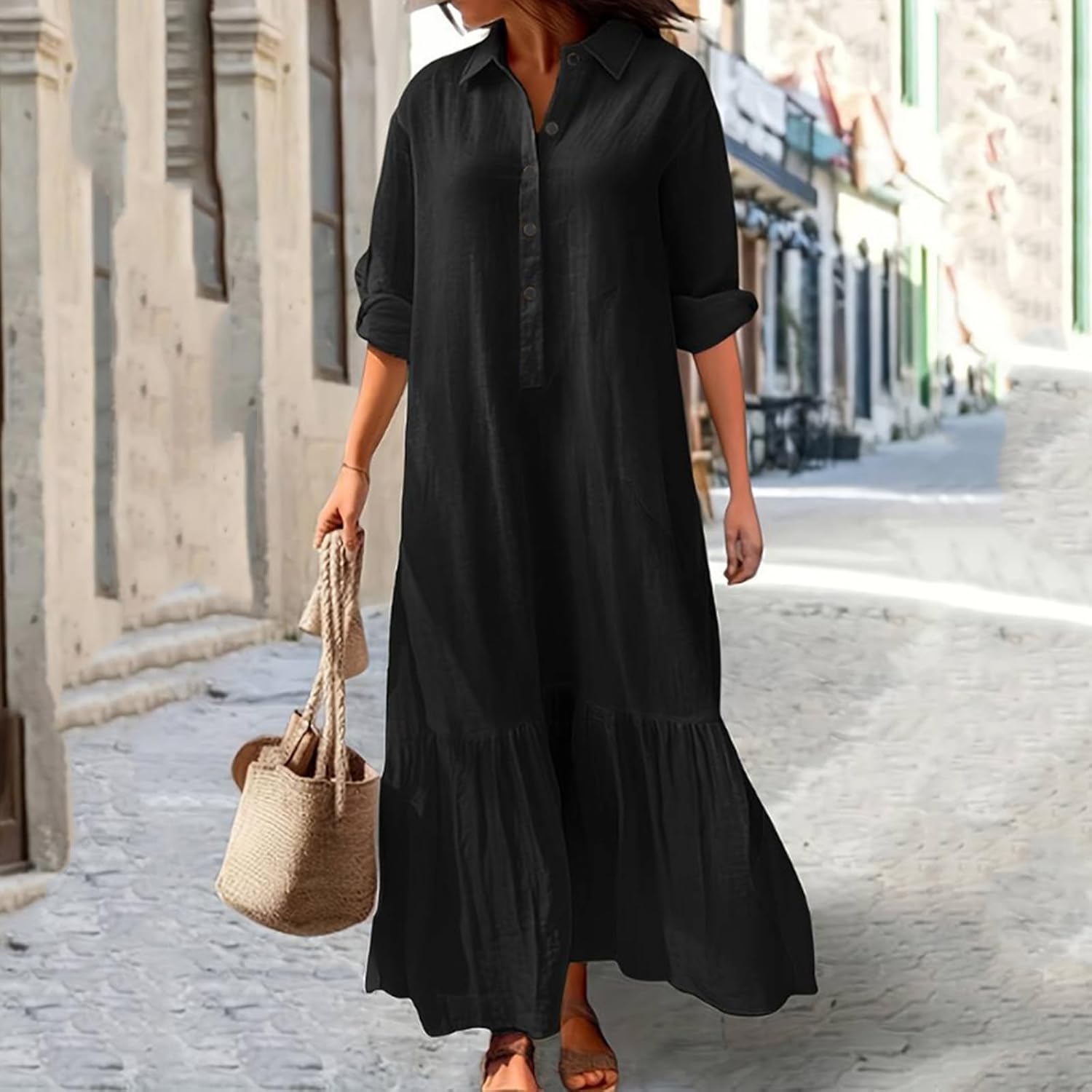 Élina Abito Lungo Donna in Cotone e Lino – Camicia Ampia con Orlo Asimmetrico