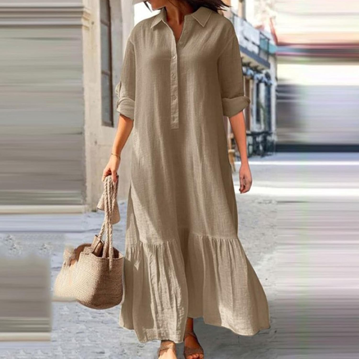 Élina Abito Lungo Donna in Cotone e Lino – Camicia Ampia con Orlo Asimmetrico