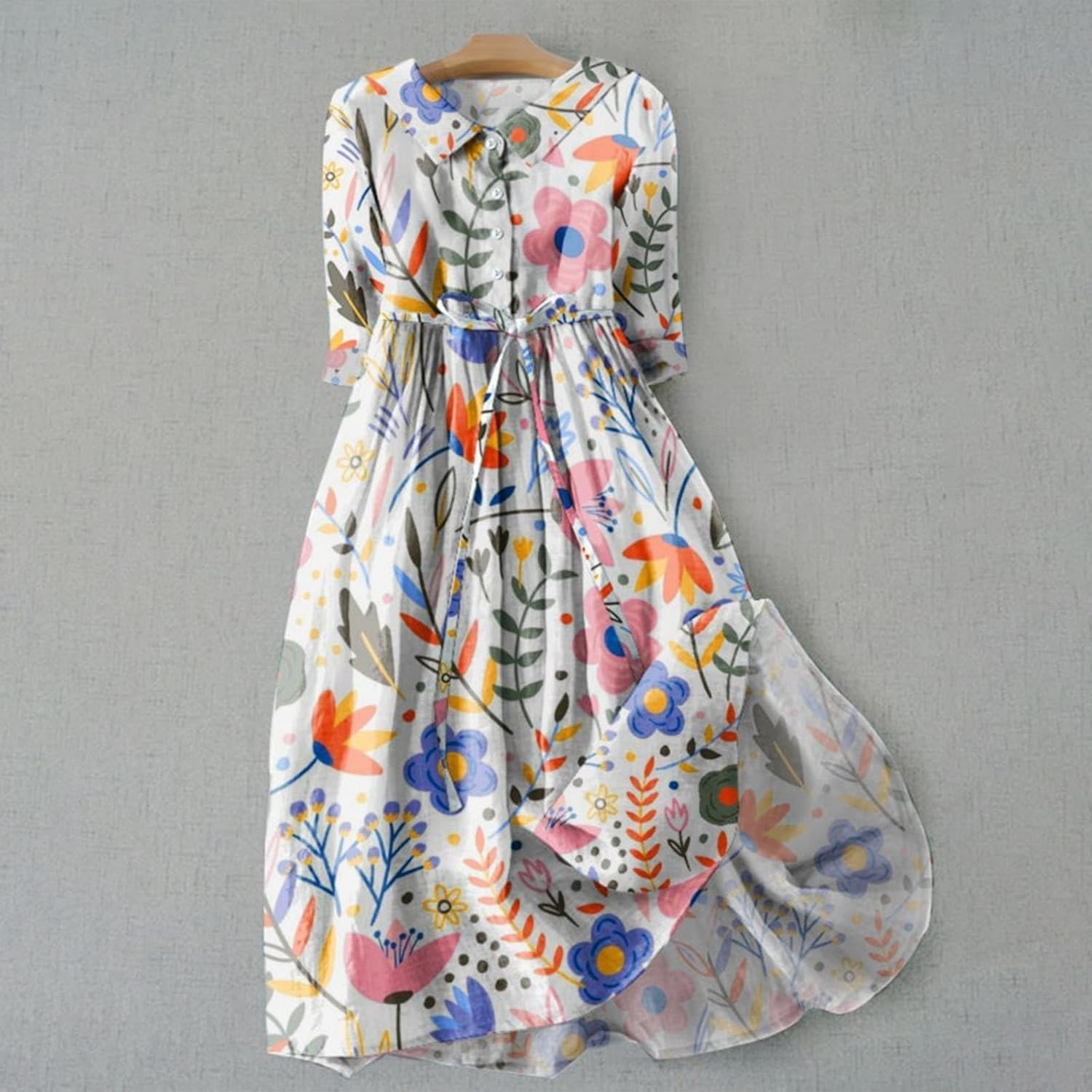 Rochie Sophie pentru femei – Rochie maxi din in cu flori, guler cămașă, talie ajustabilă, vară