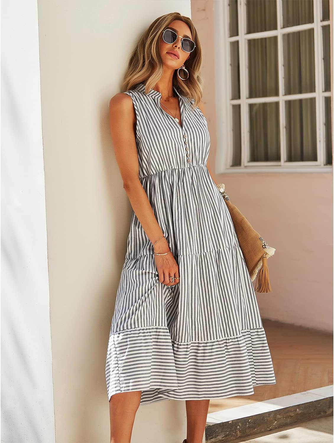 Rochie cămașă midi pentru femei Claire – Rochie elegantă fără mâneci, cu dungi, guler în V și nasturi