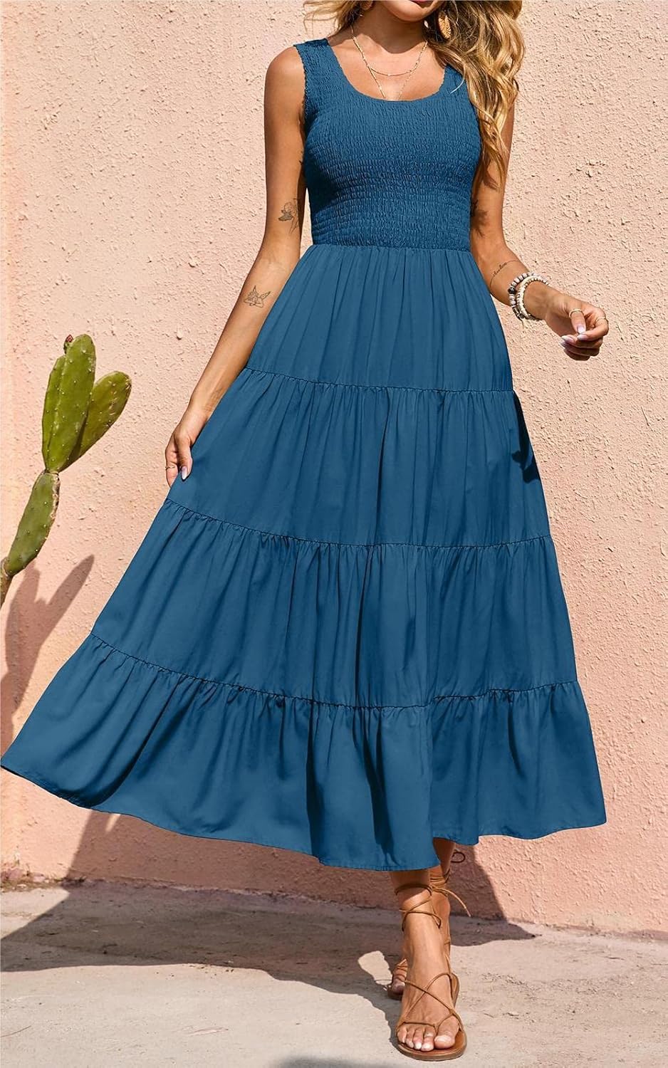 Rochie maxi Élina pentru femei – rochie smock fără mâneci, croială în A, vară boemă