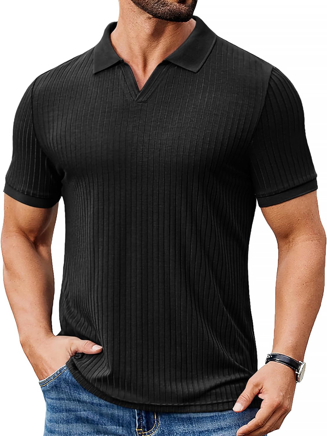 Alex Polo Bărbați – Polo Ripă cu Guler în V Slim Fit, Ușor & Stil Modern de Vară