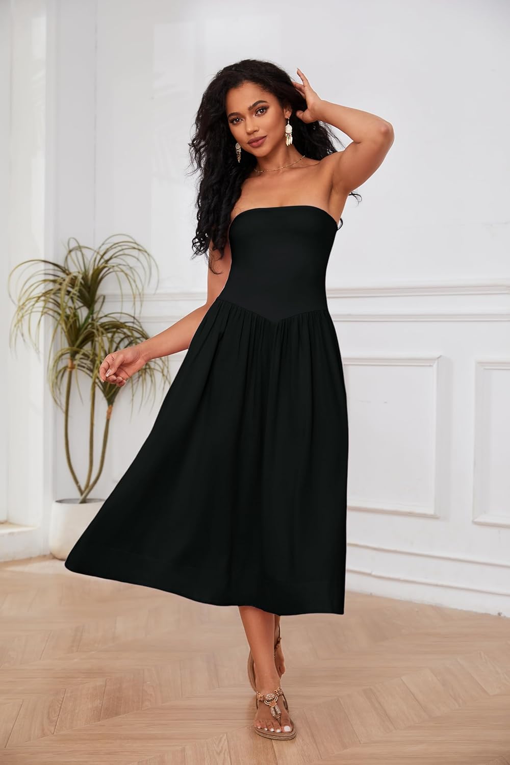 Rochie Midi Lina pentru Femei – Rochie Bustieră fără Mâneci cu Talie Joasă, Croială A-Line, Vară Chic