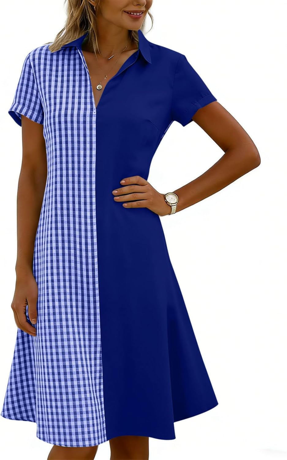 Julie Robe Femme – Robe Carreaux Col V Manches Courtes Coupe Fluide Bohème Été
