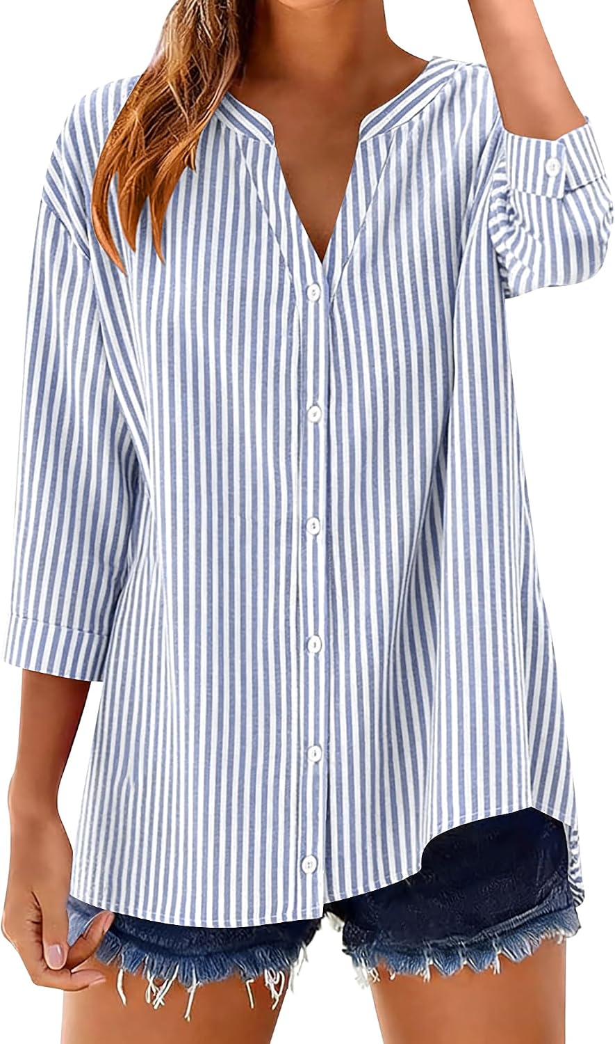 Soléane Chemise Femme – Chemisier en Coton à Carreaux ou Rayures Manches 3/4